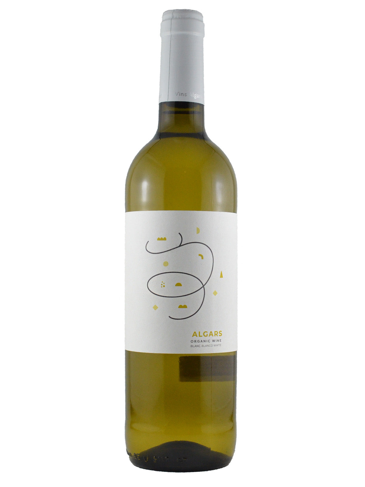 White wine bottle with a white label on a white background. Text on label says 'Algars Organic Wine'.
