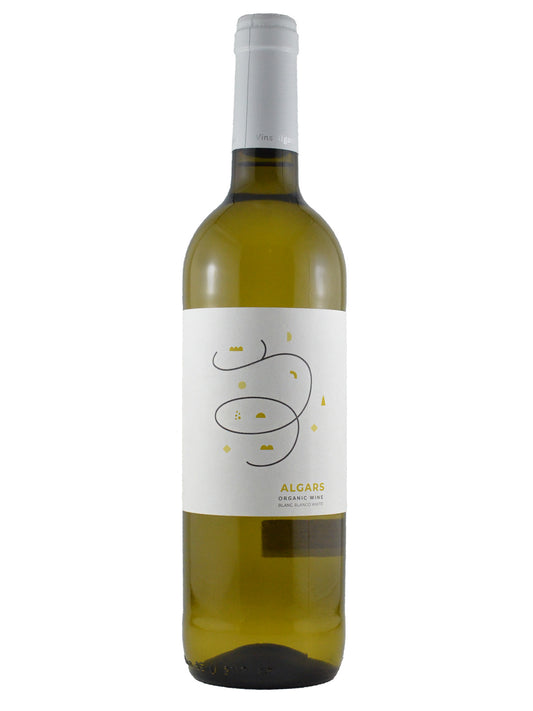 White wine bottle with a white label on a white background. Text on label says 'Algars Organic Wine'.
