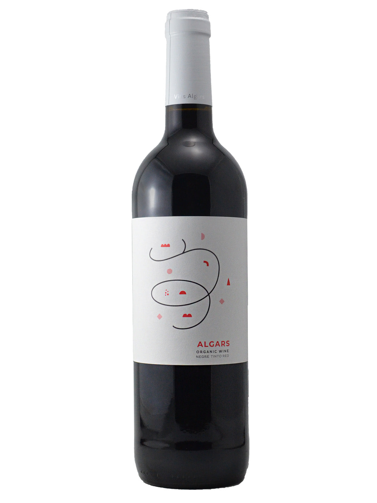 Red wine bottle with a white label on a white background. Label reads 'Algas Organic Wine'.