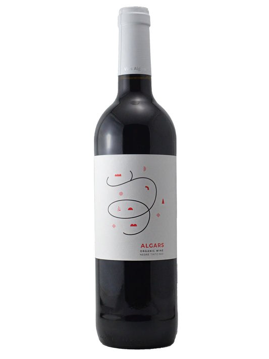 Red wine bottle with a white label on a white background. Label reads 'Algas Organic Wine'.