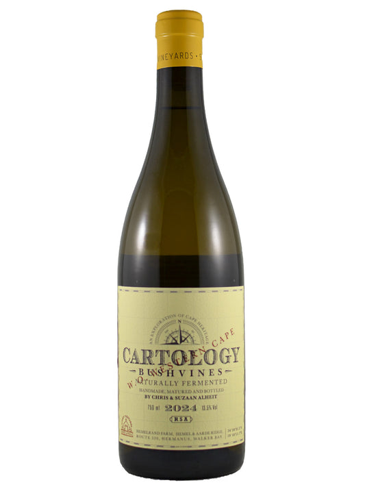 A bottle of Cartology Bushvines white wine, featuring a pale yellow label with black and red text and a simple compass, and a mustard yellow foil capsule at the top, set against a plain white background.