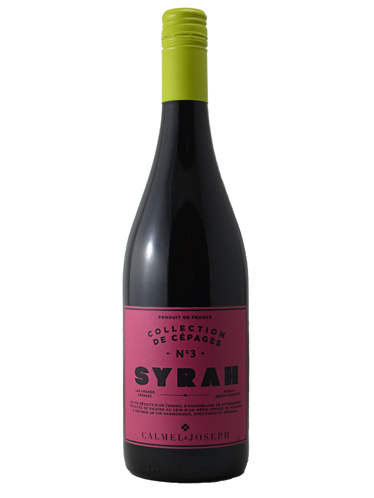 Red wine bottle with a dark pink label on a white background. Label text includes 'Collection de Cepages No 3 Syrah' and 'Calmel & Joseph'. Bright neon green screw cap enclosure.