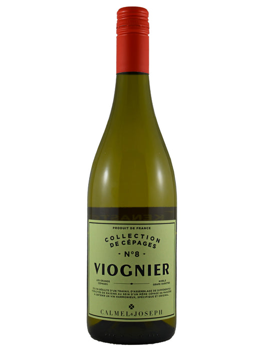 White wine bottle (green glass) with green label on a white background. Label reads Collection de Cepages No 8 Viognier Calmel & Joseph. Red screw cap enclosure.