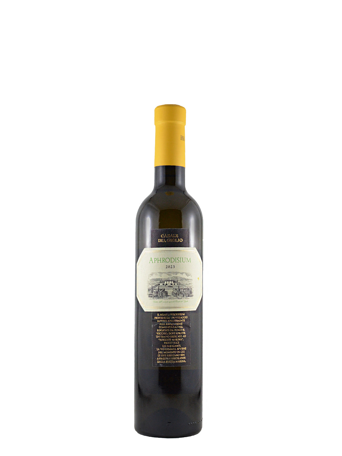 Wine bottle with a yellow capsule and a white and black label with green 'APHRODISIUM' headline name and further gold on black text, all set against white background
