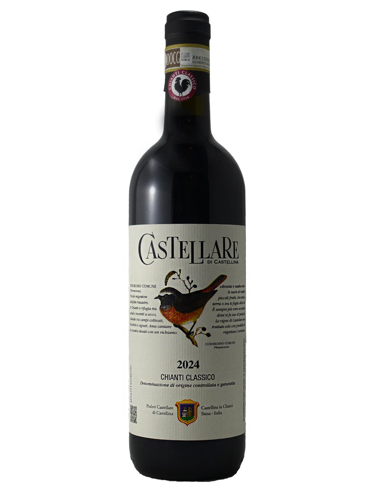 Wine bottle with 'Castellare' label on a white background. Label has a colourful bird inset amongst the text. 2024 Chianti Classico. DOCG paper label on black enclosure.