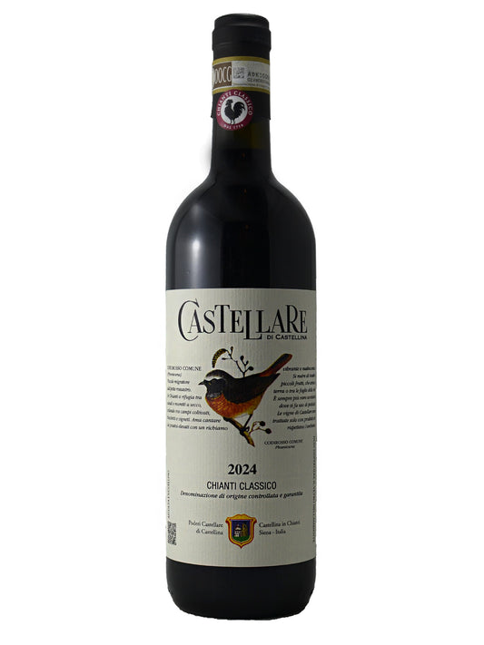 Wine bottle with 'Castellare' label on a white background. Label has a colourful bird inset amongst the text. 2024 Chianti Classico. DOCG paper label on black enclosure.