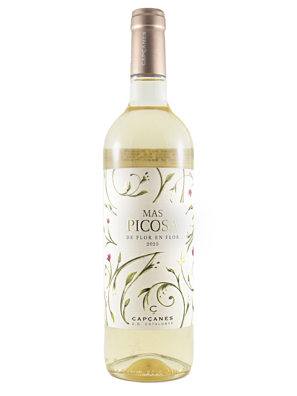 Clear glass wine bottle labeled 'Mas Picos' on a white background with visible pale white wine inside. Floral design on label. Rose gold capsule enclosure.
