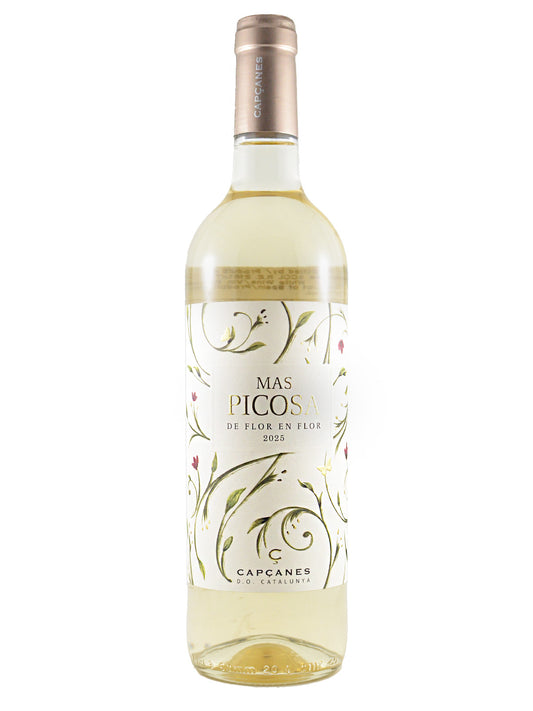 Clear glass wine bottle labeled 'Mas Picos' on a white background with visible pale white wine inside. Floral design on label. Rose gold capsule enclosure.