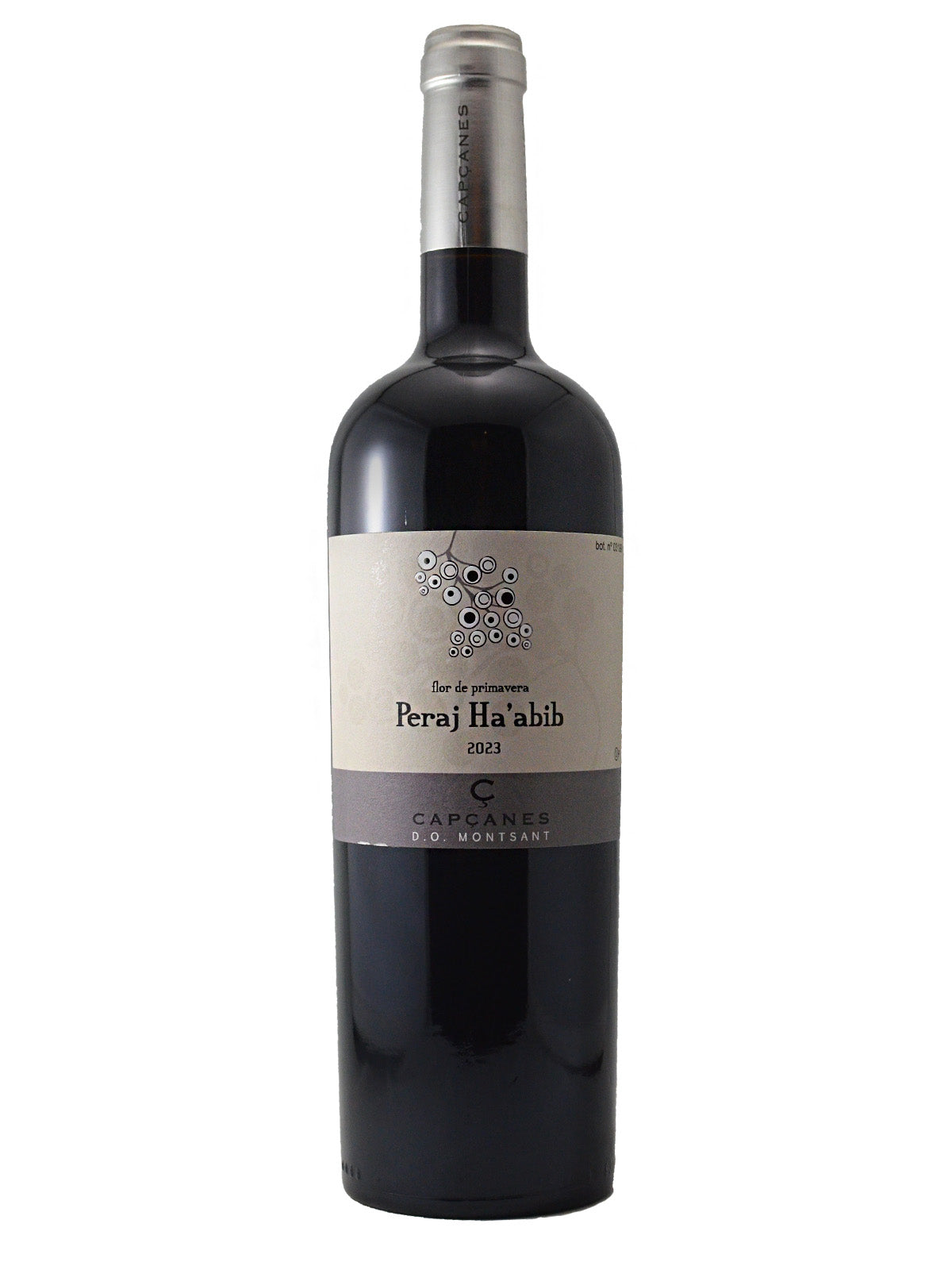 Wine bottle on a white background. Silver capsule enclosure. Grey label that reads 'Peraj Ha'abib' '2023' and has the wine company name over darker grey on the bottom. 