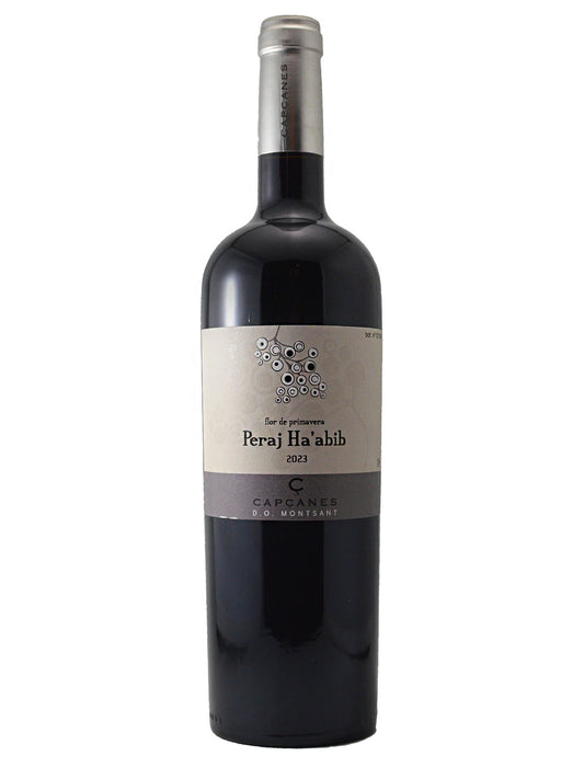 Wine bottle on a white background. Silver capsule enclosure. Grey label that reads 'Peraj Ha'abib' '2023' and has the wine company name over darker grey on the bottom. 