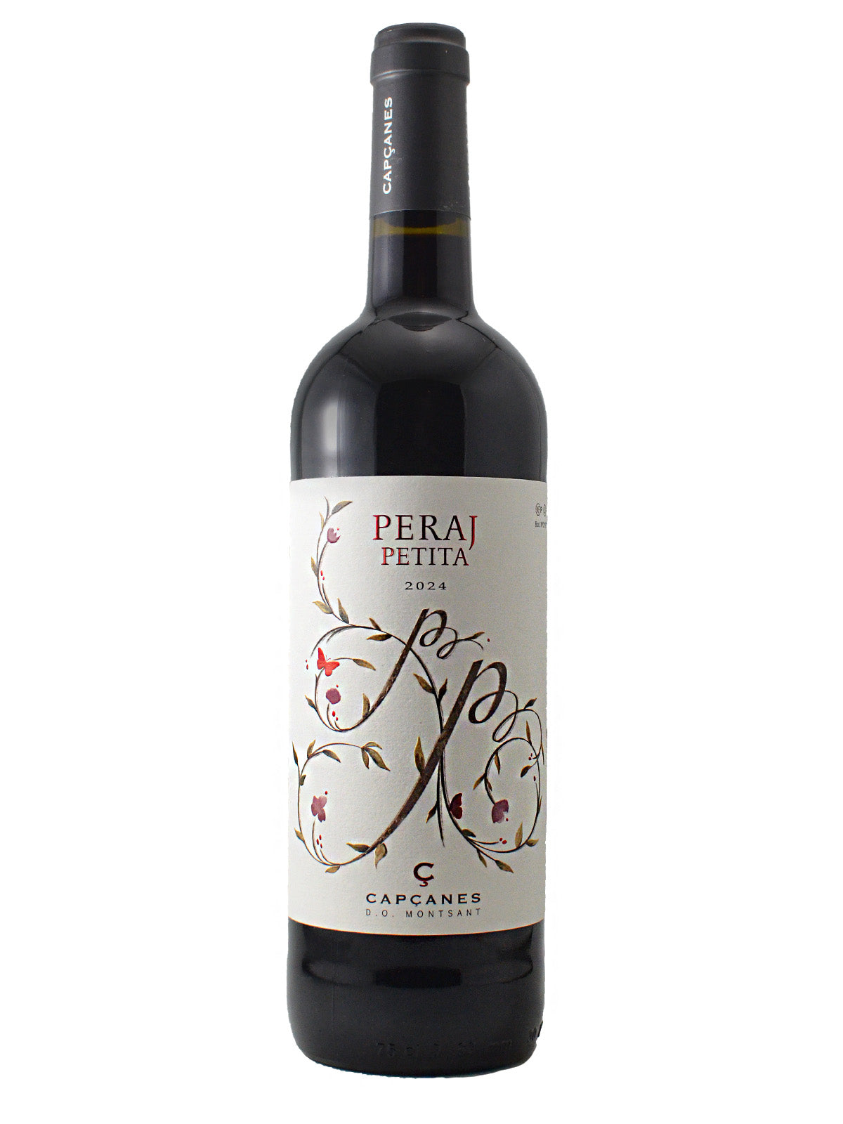 Red wine bottle with 'Peraj Petita' label on a white background. Floral design on label. Dark grey capsule.