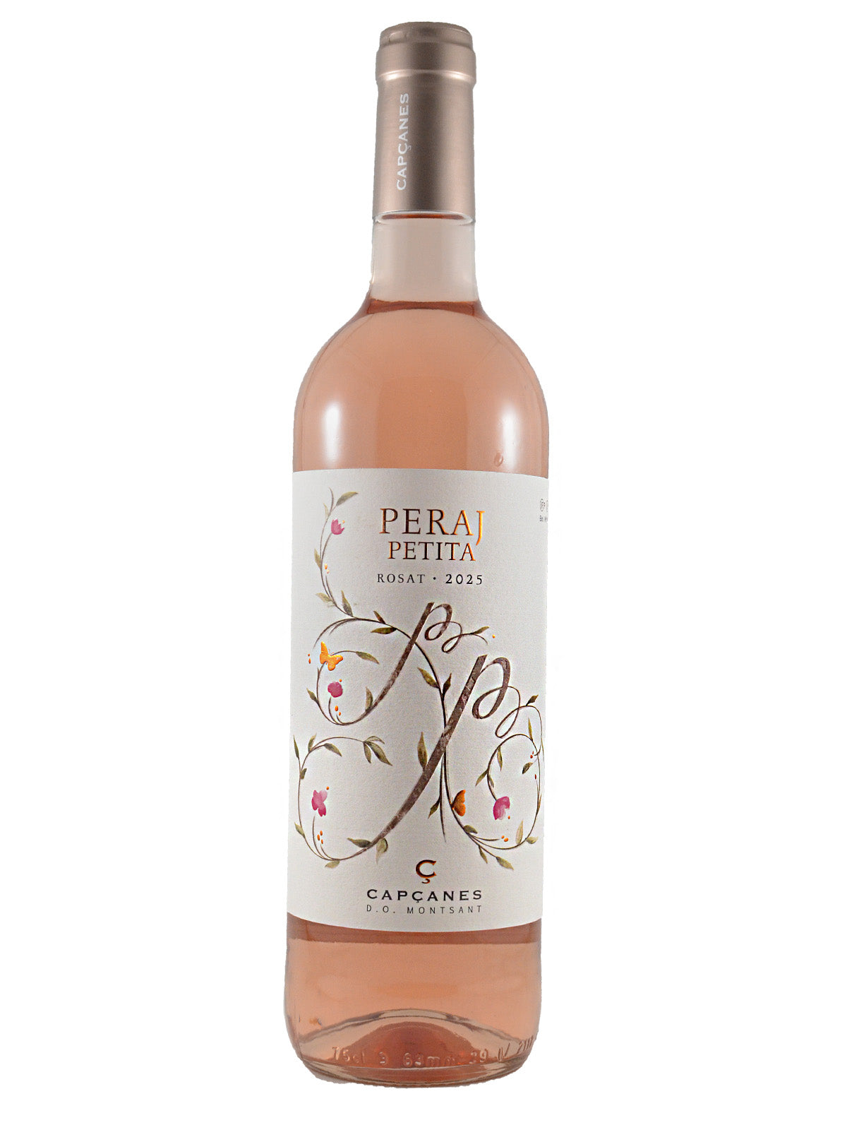 Bottle of Peraj Pettita Rosá rose wine on a white background. Clear glass displays the salmon pink-coloured wine within. Label has floral decorations. Rose gold capsule enclosure.