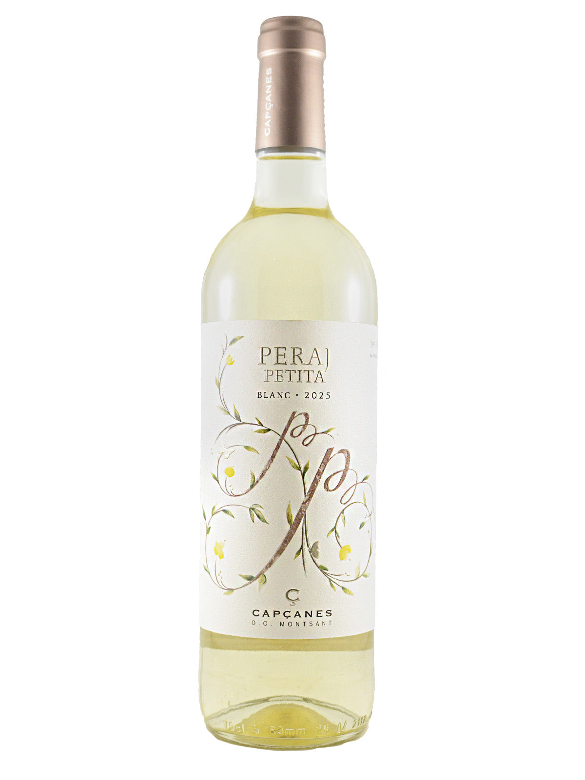 Wine bottle labeled 'Peraj Petita Blanc 2025' on a white background. Clear glass bottle with white wine visible inside. Label has floral design. Rose gold capsule enclosure.