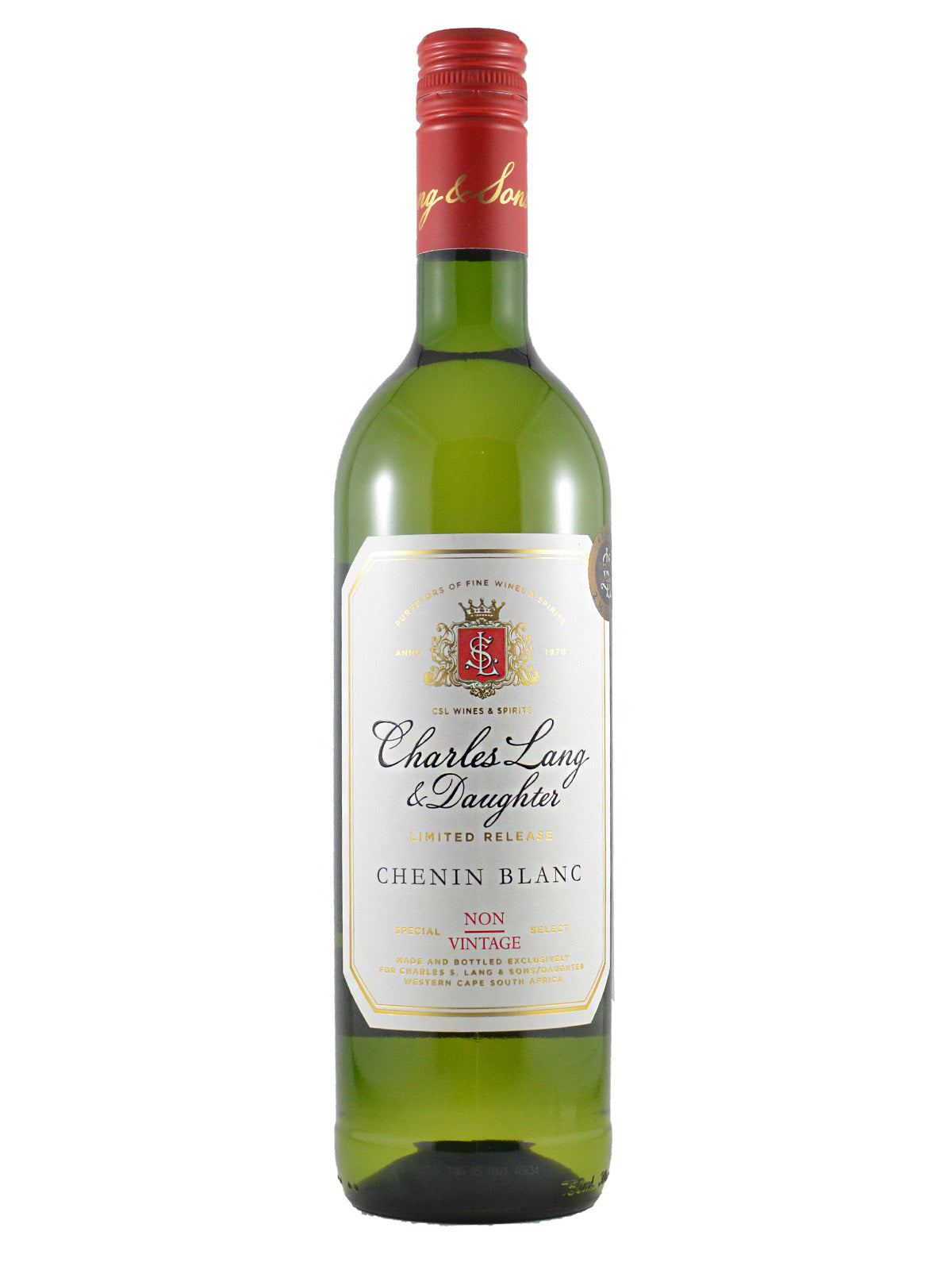 Green glass bottle of white wine with a red cap and white label on a white background. Label reads 'Charles Lang & Daughter Limited Release Chenin Blanc Non Vintage'.