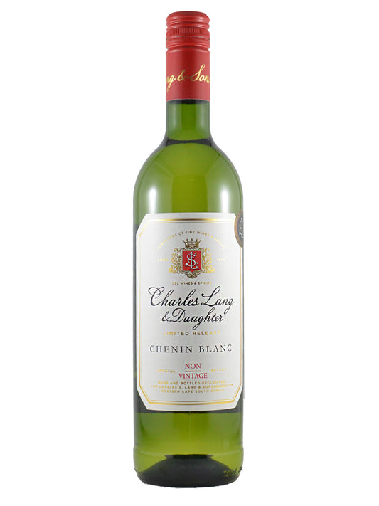 Green glass bottle of white wine with a red cap and white label on a white background. Label reads 'Charles Lang & Daughter Limited Release Chenin Blanc Non Vintage'.