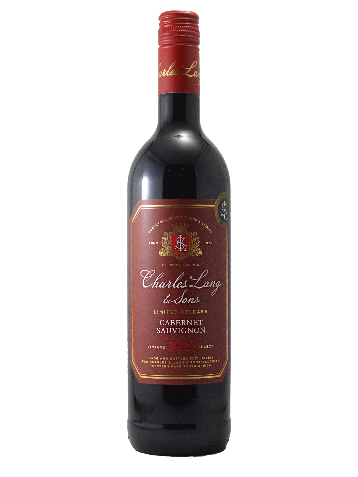 Wine bottle (red wine) with red label on a white background. Red screw cap. Label reads 'Charles Lang & Songs Limited Release Cabernet Sauvignon Vinrage 2025 Select'