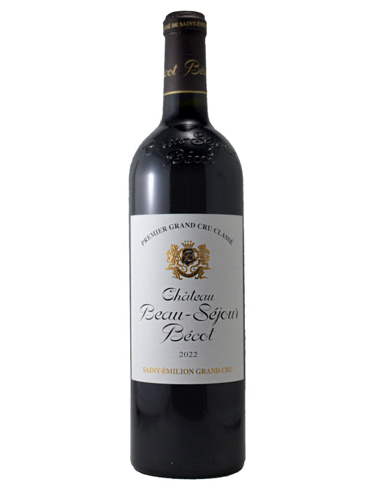 Bottle of Chateau Beau-Secours Becot 2022 Saint Emilion Premier Grand Cru red wine on a white background
