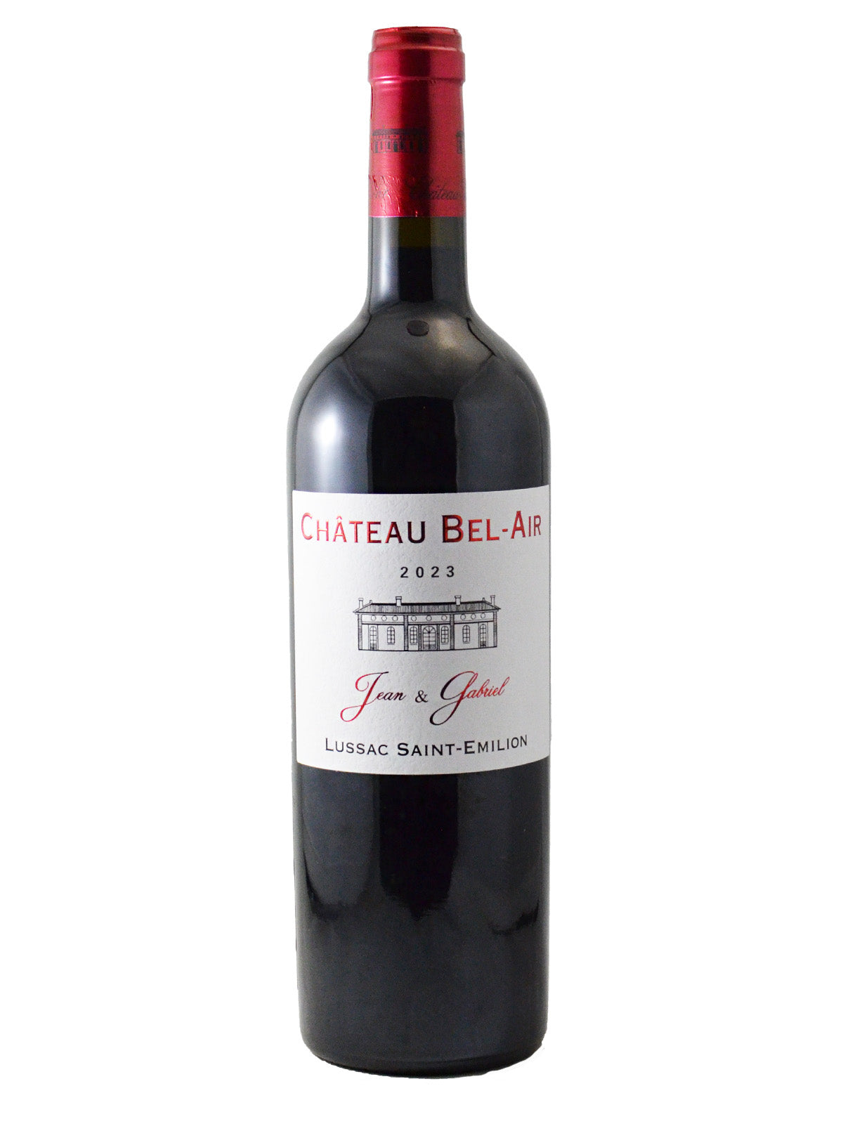 A bottle of Château Bel-Air 'Jean & Gabriel' Lussac Saint-Emilion Rouge 2023 with a white label featuring an illustration of a building, with the producer's name in red colour.