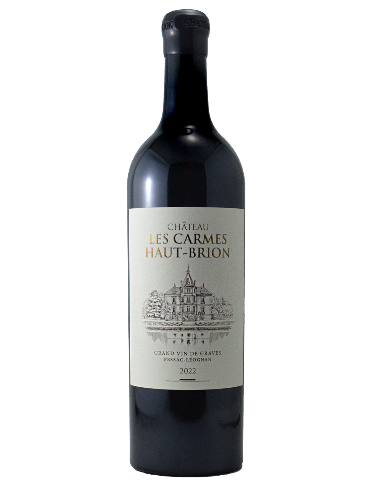 Bordeaux-type red wine bottle labeled 'Chateau Les Carmes Haut-Brion' on a white background. Etched drawing of a chateau. Text Grand Vin De Graves and Pessac-Leognan' appears above a 2022 vintage marque. Enclosure is black wax.