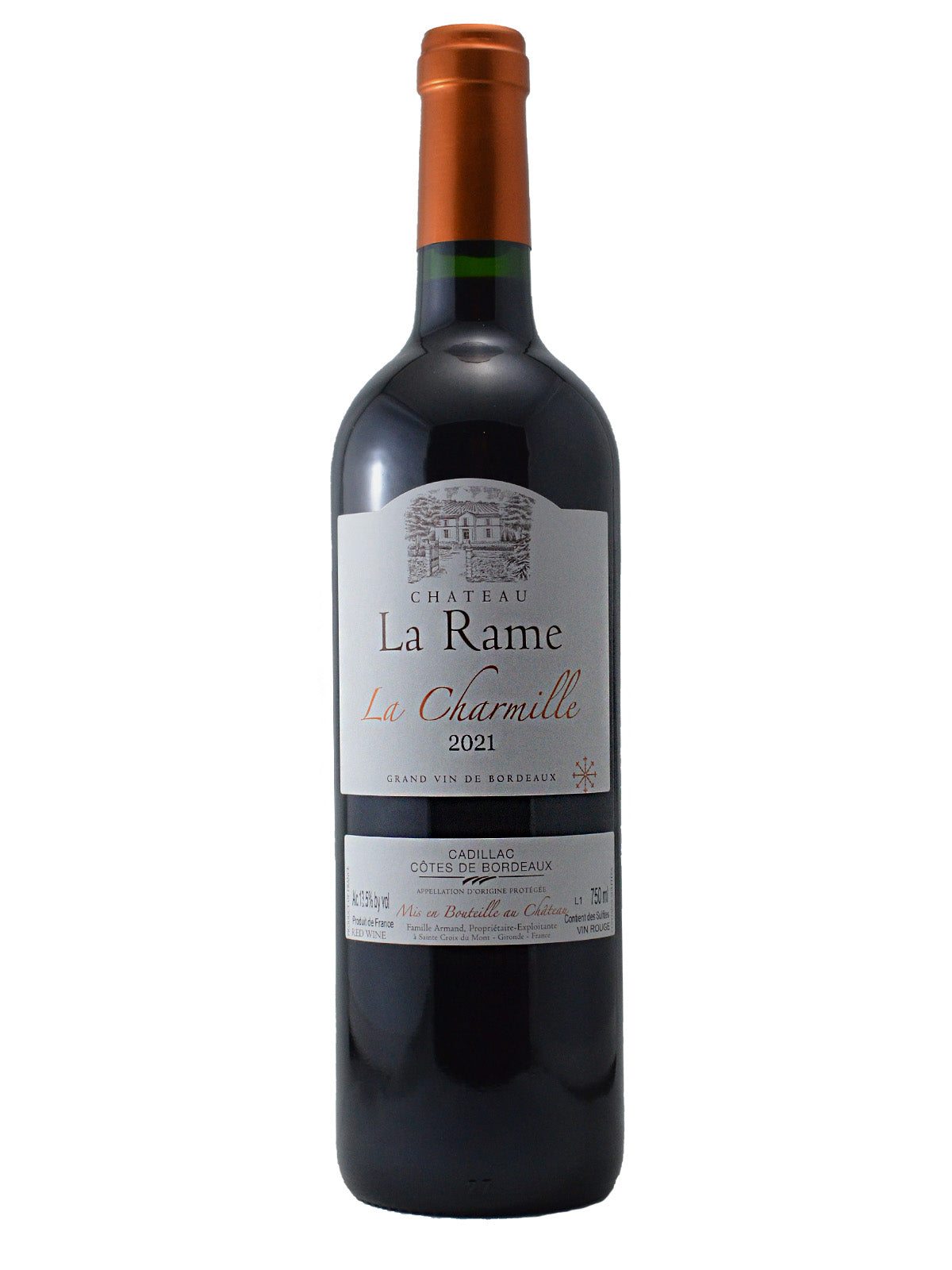 Red wine bottle with a visible label on a white background. Label reads 'Chateau La Rame La Charmille 2021 Grand Vin Du Bordeaux'. Orange foil enclosure (cork).