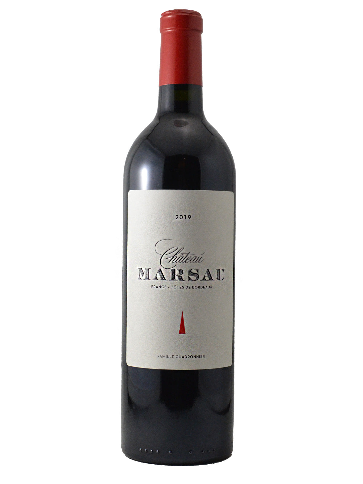Red wine bottle with red capsule and white label reading '2019 Chateau Marsau Francs - Cotes De Bordeaux and a small narrow red triangle icon. All set against plain white background.