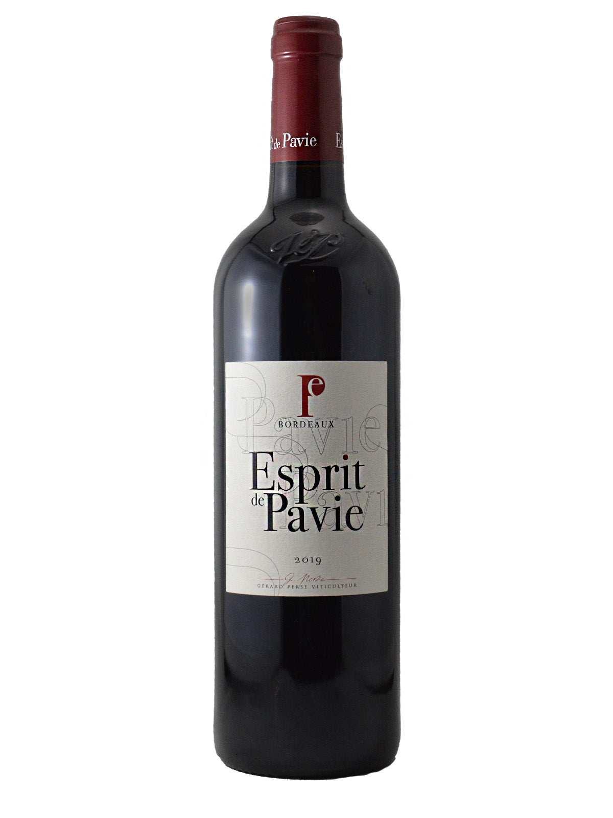 Bottle of Esprit de Pavie red wine on a white background. Capsule is red-purple in colour. 