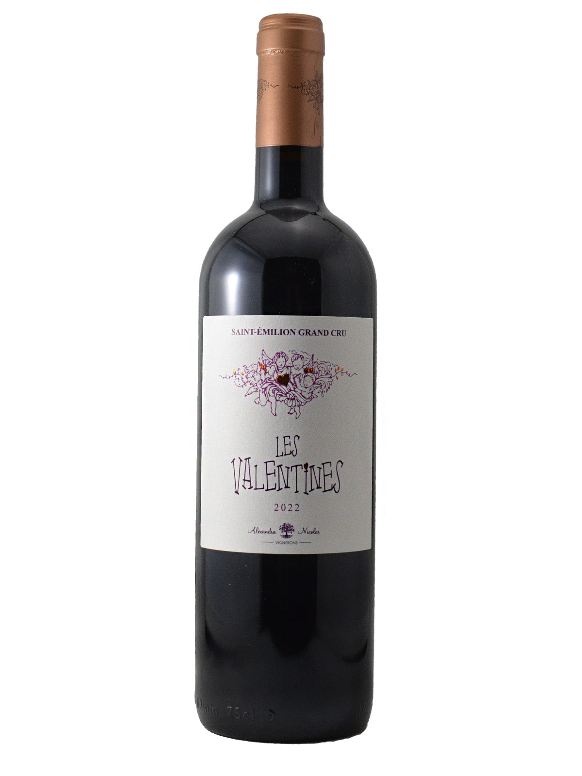 Wine bottle labeled 'Les Valentines 2022' in purple text on a white background. Copper-coloured capsule.