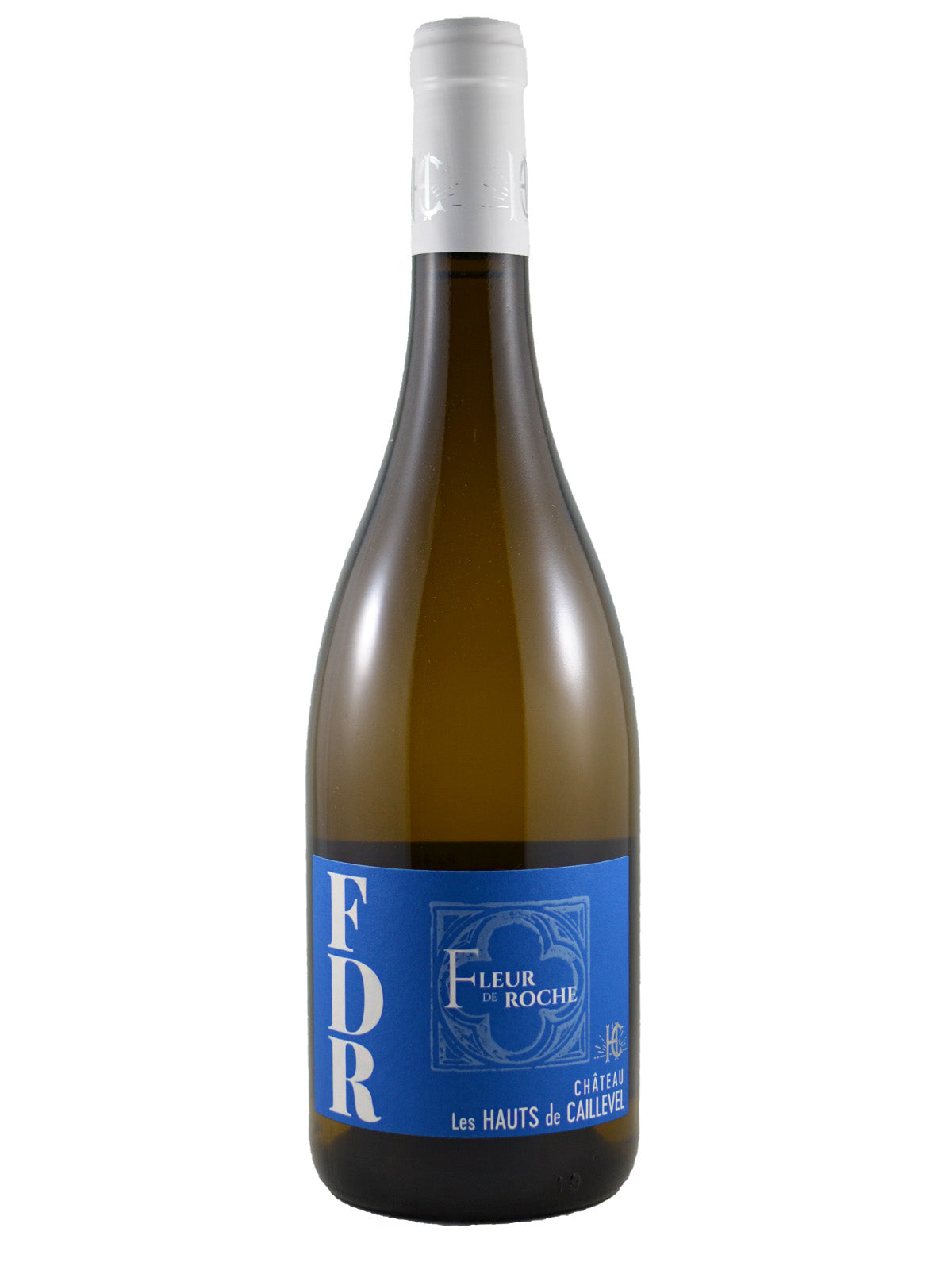 A bottle of white wine with a dark glass body, a white capsule, and a blue label featuring the brand 'FDR' and 'Fleur de Roche' in white text. Set against a plain white background.