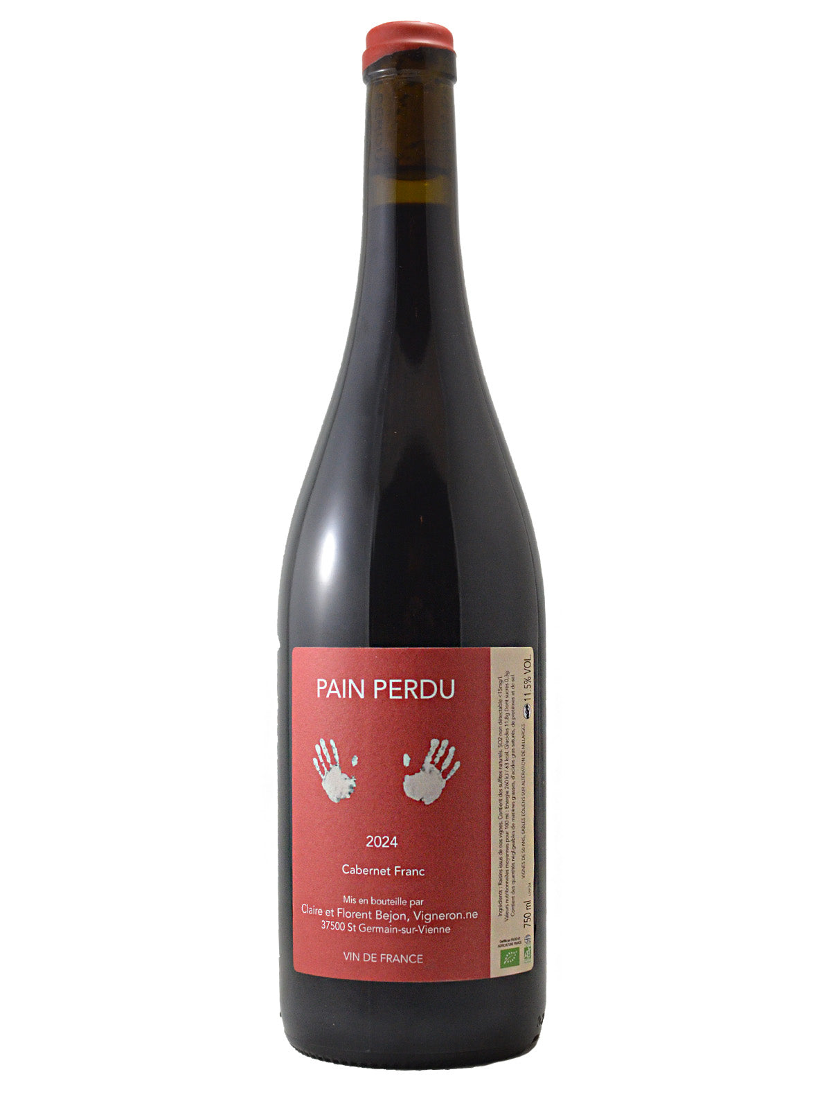 Wine bottle with a red label on a white background. Label features two white handprints, the vintage (2024), wine name ('Pain Perdu') and varietal (Cabernet Franc). Small red wax enclosure on top of bottle.