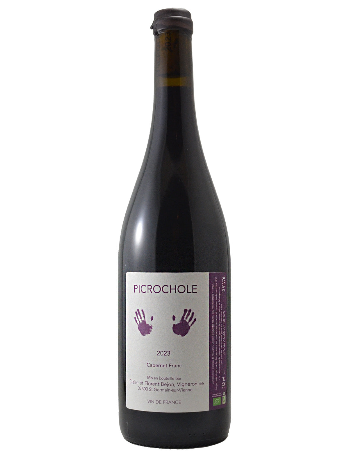 Wine bottle with a purple and white  label on a white background. Label has a pair of handprints and reads '2023 Cabernet Franc Vin de France'. Small dark wax seal at the top of the bottle.