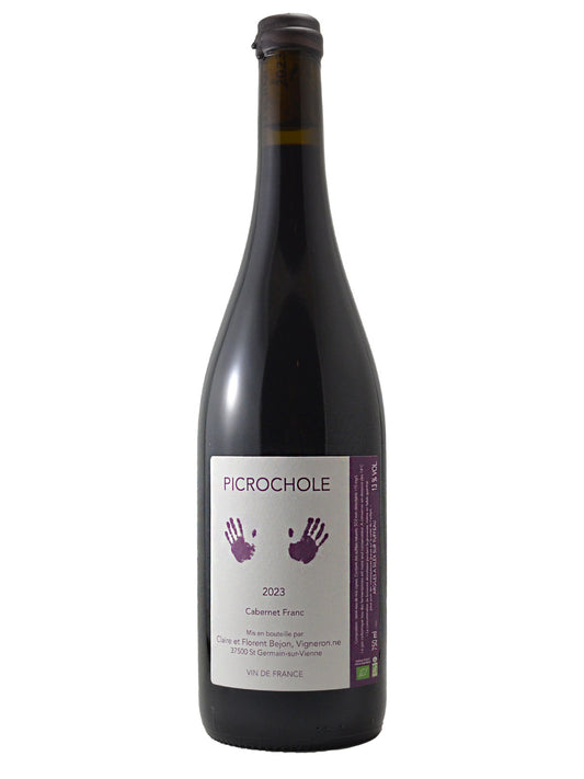 Wine bottle with a purple and white  label on a white background. Label has a pair of handprints and reads '2023 Cabernet Franc Vin de France'. Small dark wax seal at the top of the bottle.