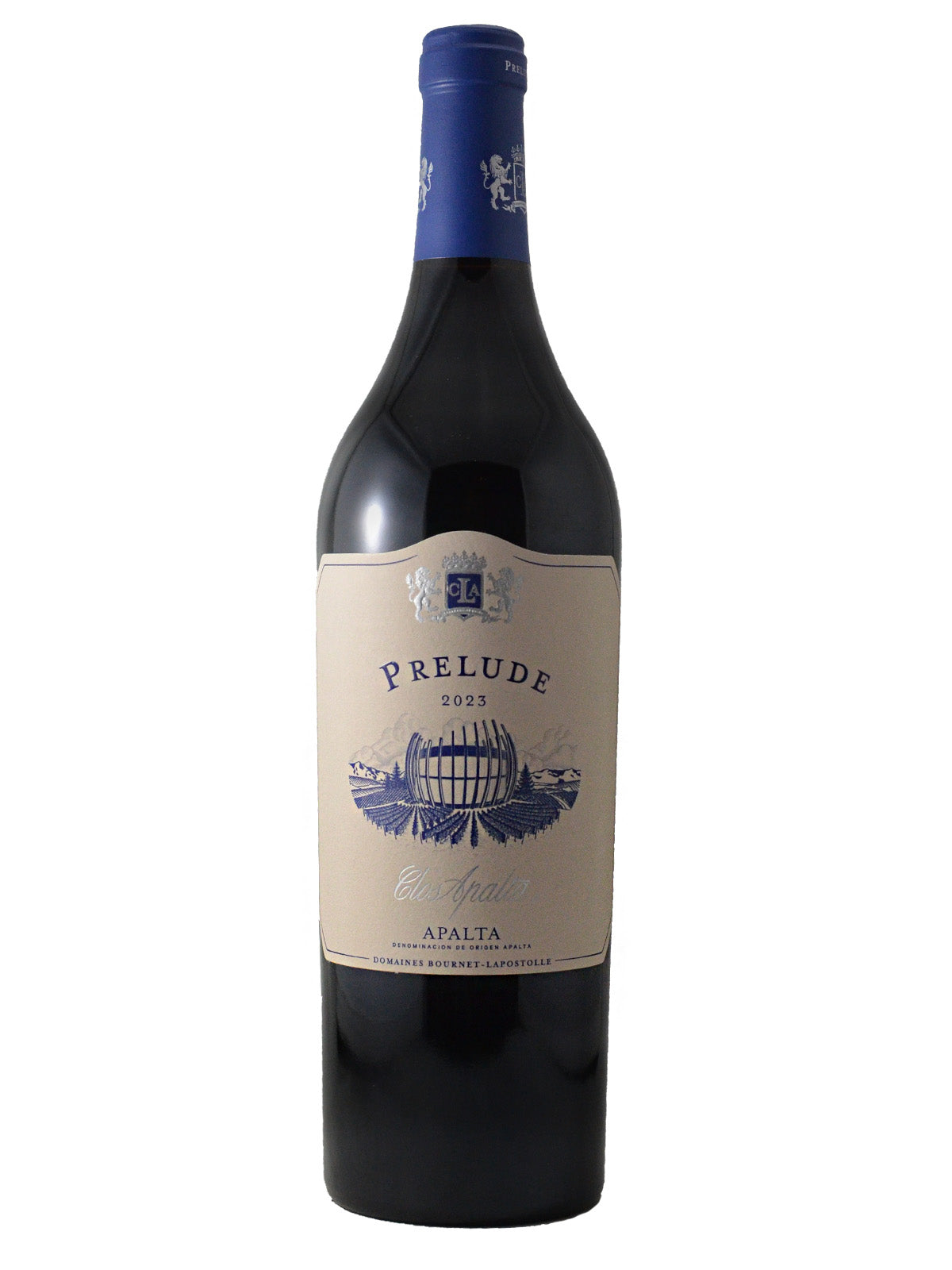 Wine bottle from Clos Apalta labeled 'Prelude' on a white background. Blue and silver text and artwork of presumably a building amongst vineyards. Blue enclosure.