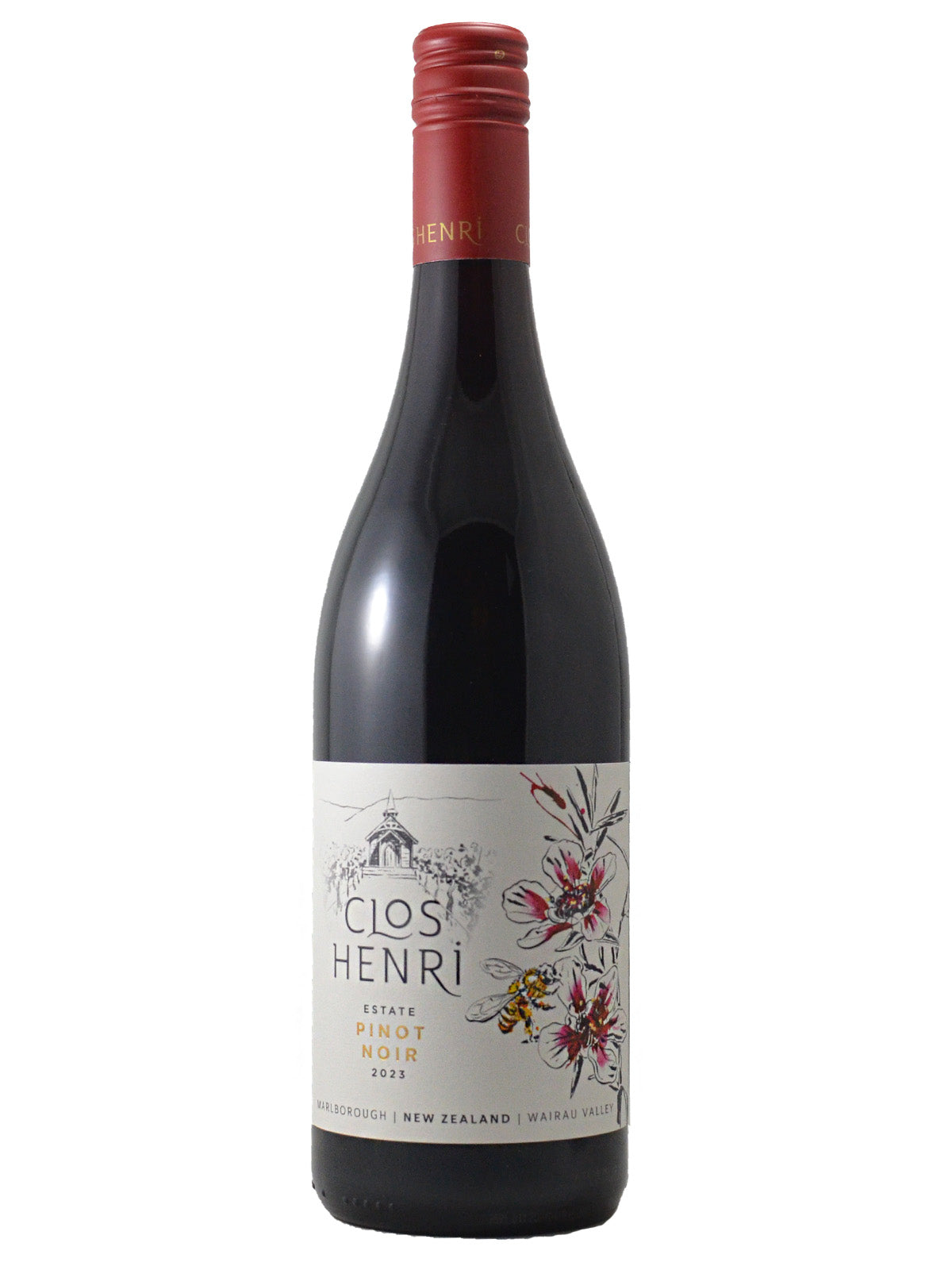 Wine bottle with a decorative label on a white background. Red screw cap. Label reads 'Clos Henri Estate Pinot Noir 2023 Marlborough New Zealand Wairau Valley' and features a painterly image of a bee collecting nectar from magenta flowers.