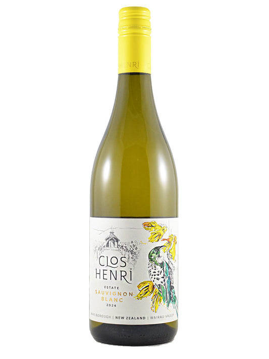 Wine bottle with yellow screwcap and white label on a white background. Label reads 'Clos Henri Estate Sauvignon Blanc 2024 Marlborough New Zealand Wairau Valley' and has a painted bird, possibly a hummingbird, drinking nectar from yellow flowers.