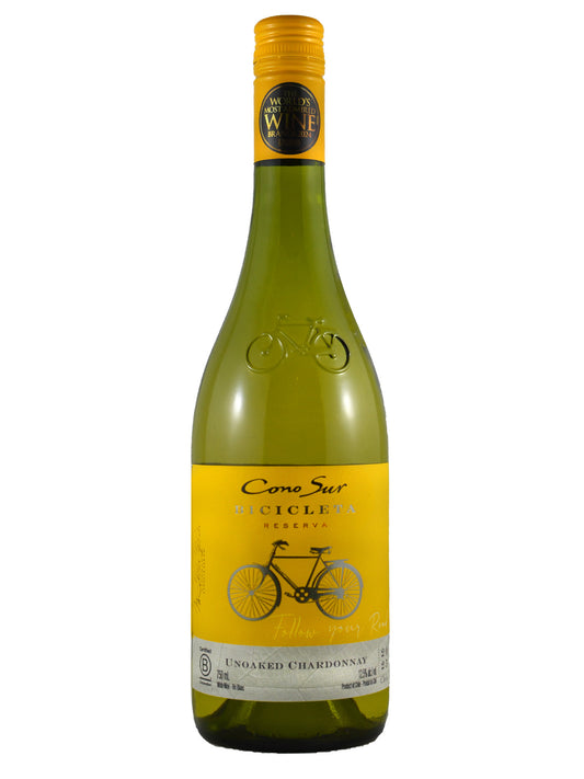 Wine bottle with yellow label featuring a bicycle design and the text Cono Sur Bicicleta Unbaked Chardonnay on a white background