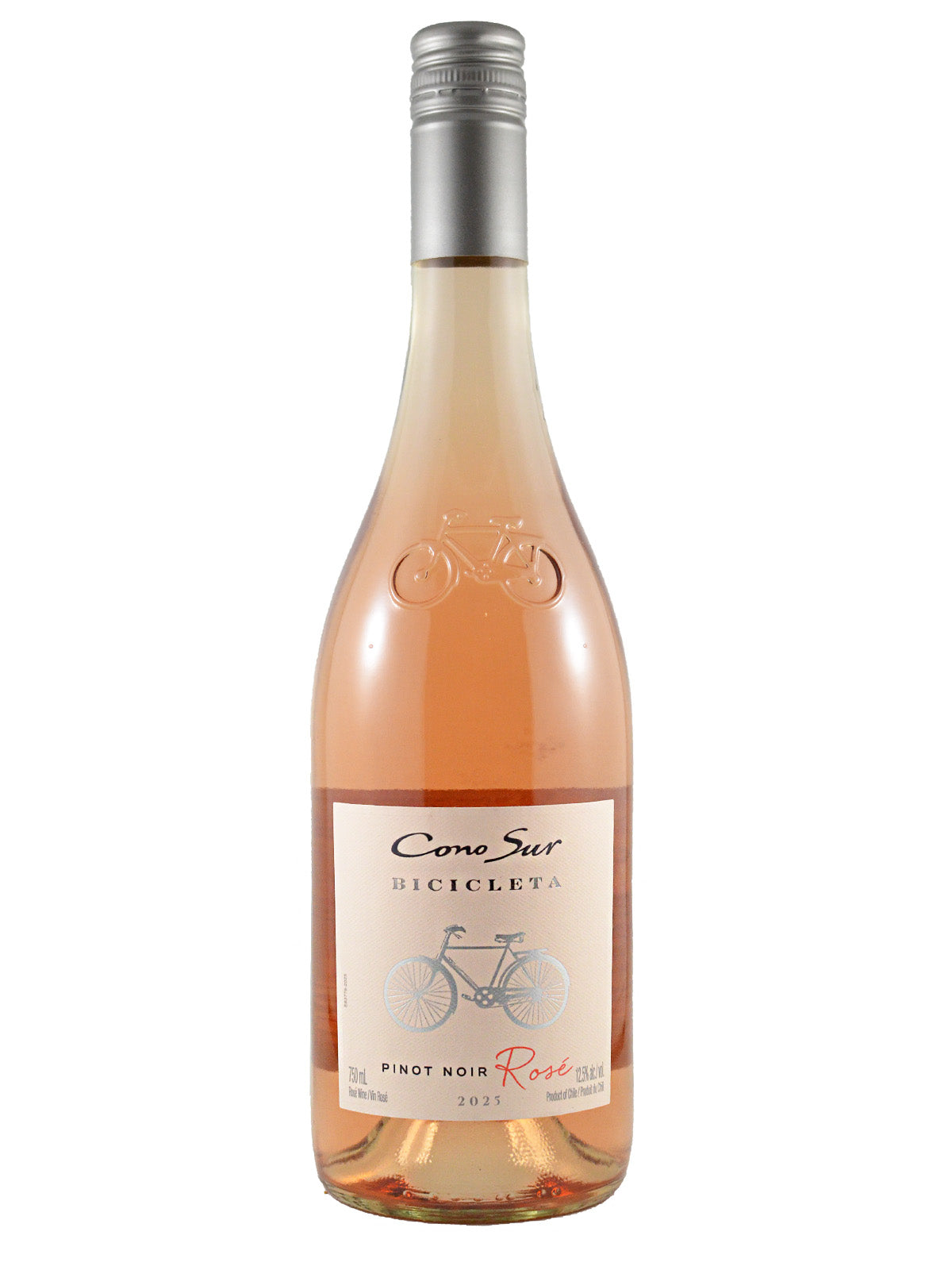A bottle of Cone Sur Bicicletas Pinot Noir Rosé wine with a silver screw cap and a cream-colored label featuring a silver bicycle illustration, set against a plain white background.