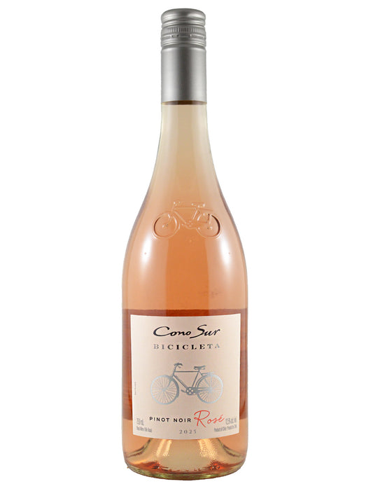 A bottle of Cone Sur Bicicletas Pinot Noir Rosé wine with a silver screw cap and a cream-colored label featuring a silver bicycle illustration, set against a plain white background.