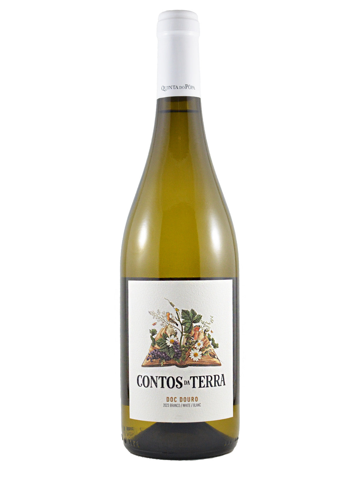 Wine bottle labeled 'Contos da Terra' 'DOC Douro' on a white background. Label has a picture of a book laying down with some flowers and field plants in a painterly style appearing to "grow" out of it. White capsule on the top of the green glass bottle.