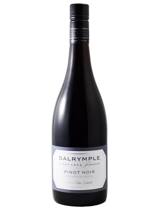 A bottle of Dalrymple Pinot Noir red wine, featuring a dark glass bottle with a black cap and a white label with black text, set against a plain white background.