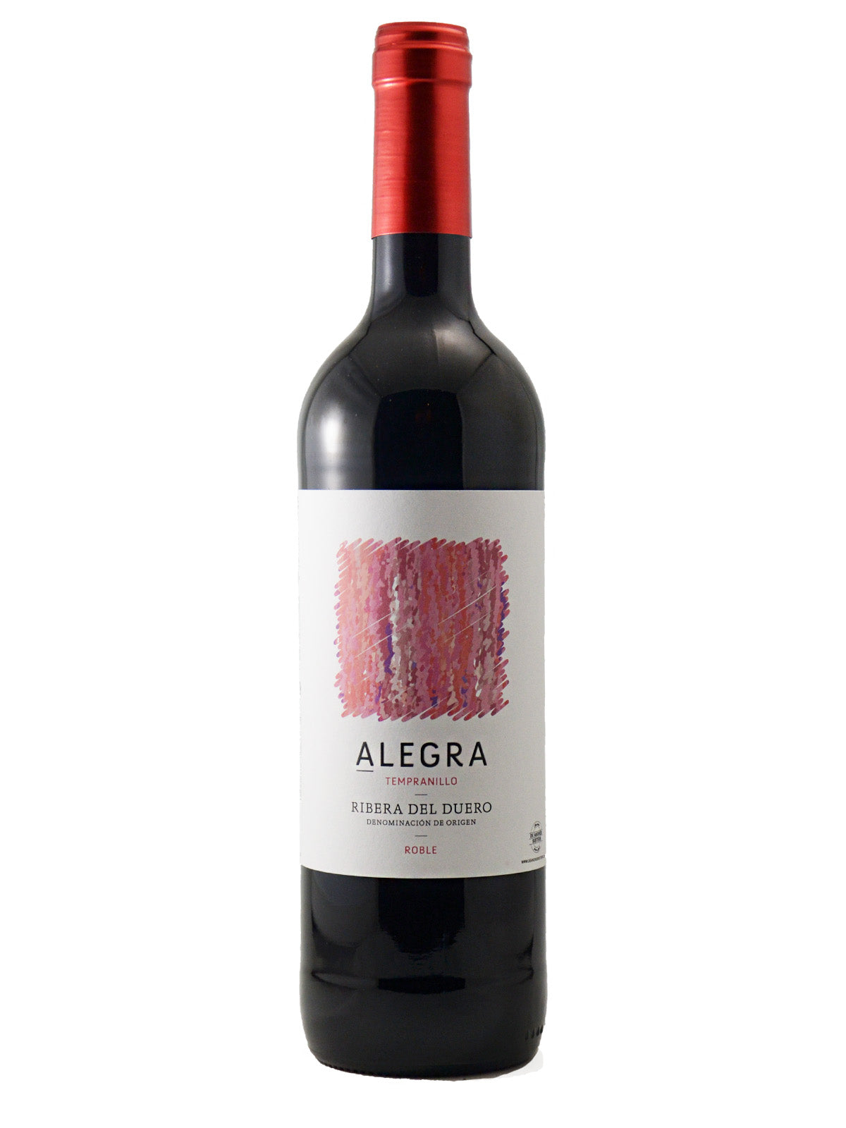 A bottle of Alegra Ribera del Duero red wine with a metallic red capsule and a white label featuring a pink textured graphic, set against a plain white background.