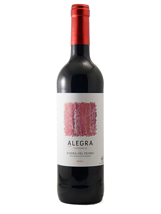 A bottle of Alegra Ribera del Duero red wine with a metallic red capsule and a white label featuring a pink textured graphic, set against a plain white background.