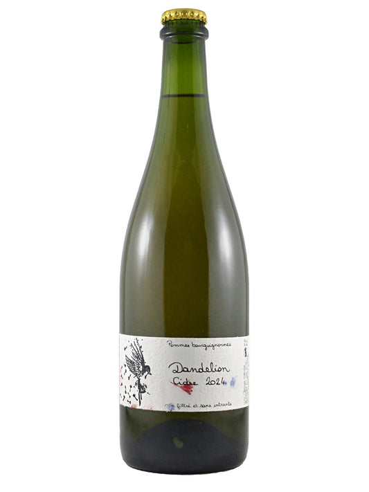 Green glass bottle of Domaine Dandelion Cidre 2024 with an ink-style drawing of a bird and some random ink splodges across the label in red and blue.. Gold soda pop style cap. All set against white background.