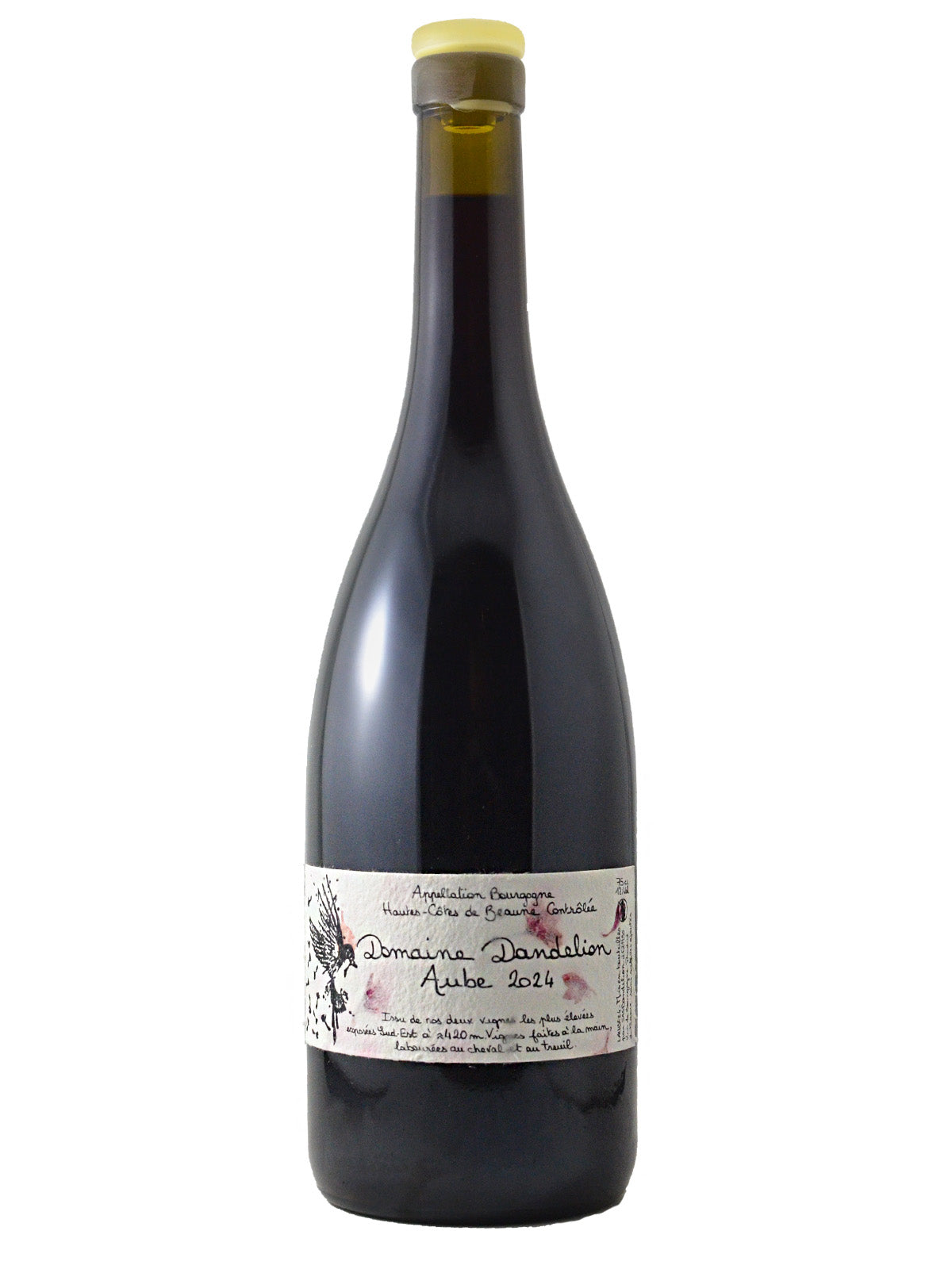 Bottle of Domaine Dandelion Aube 2024 Pinot Noir red wine with white label featuring ink drawing of bird design and red-purple ink splotches. Pale yellow enclosure on the top. All set against a white background.