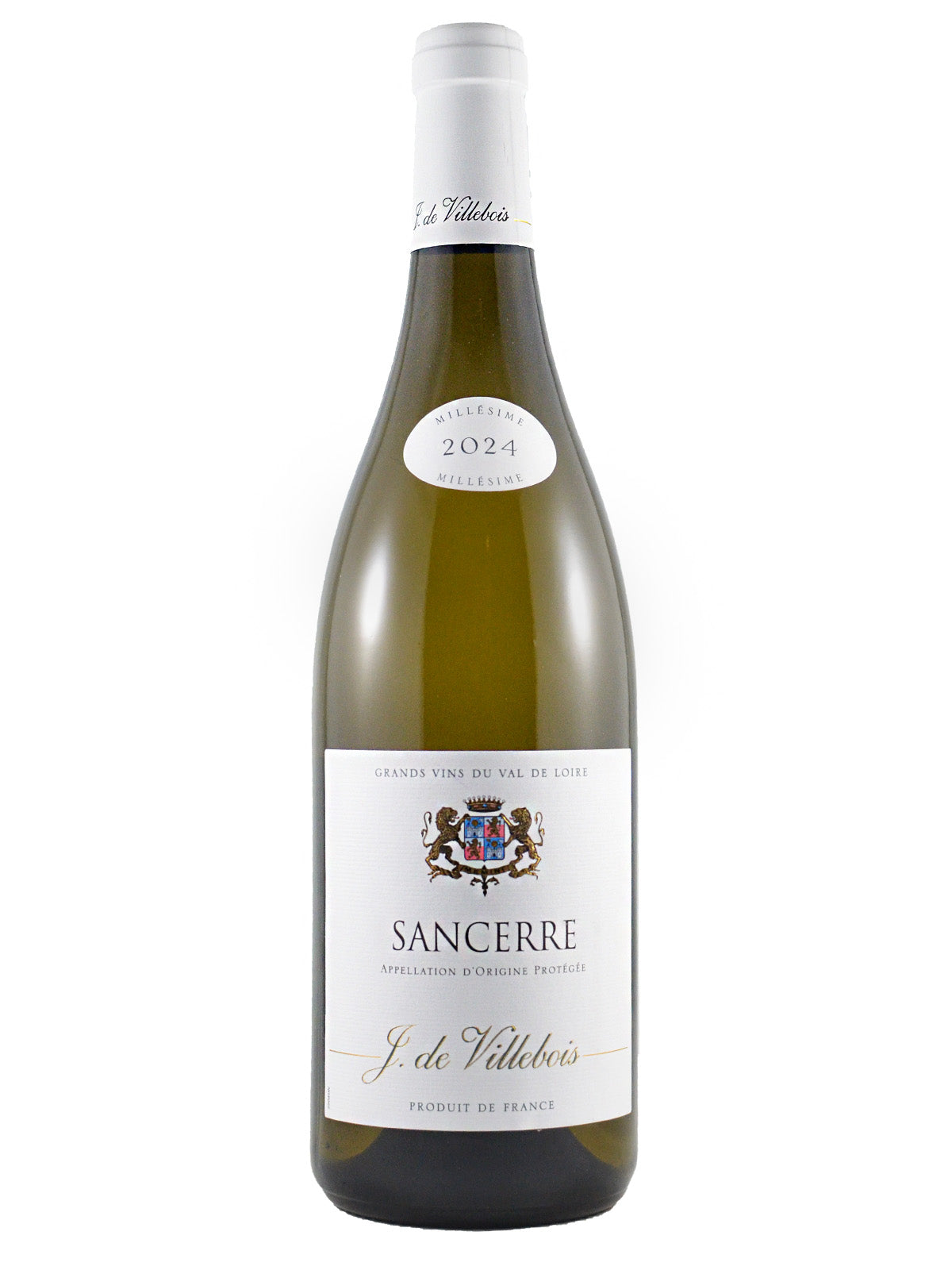 Sancerre wine bottle with a white label on a white background. Label has a coat of arms and reads 'J de Villebois' 'SANCERRE' and 'Produce de France'. A small white '2024' sticker adorns the lower neck. White enclosure on the top. 