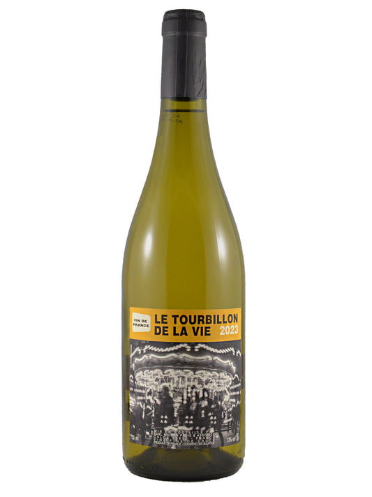 A bottle of white wine with a green glass body, a dark grey/black capsule seal, and a  label featuring black text on a yellow banner that reads 'LE TOURBILLON DE LA VIE 2024' and a vintage black & white photo of a carousel. All set against a white background.