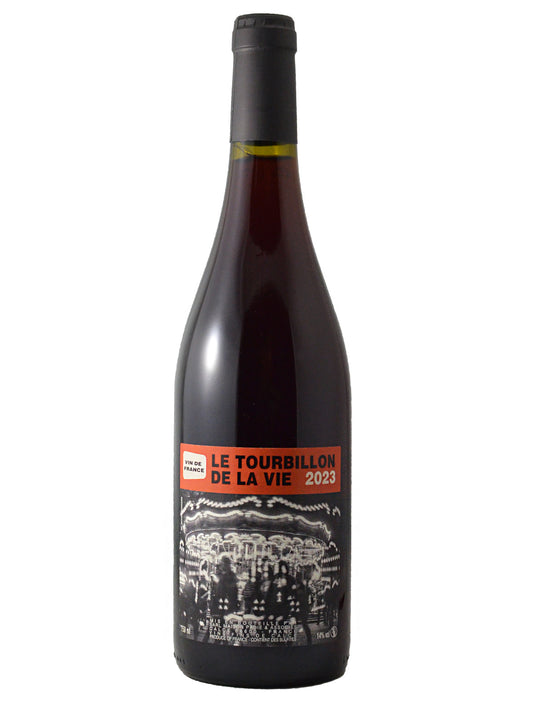 A bottle of red wine with a dark gunmetal grey cap, and a label featuring a black and white photo of a carousel with a deep orange-red banner reading 'LE TOURBILLON DE LA VIE 2023' and 'VIN DE FRANCE'. Bottle is set against a plain white background.
