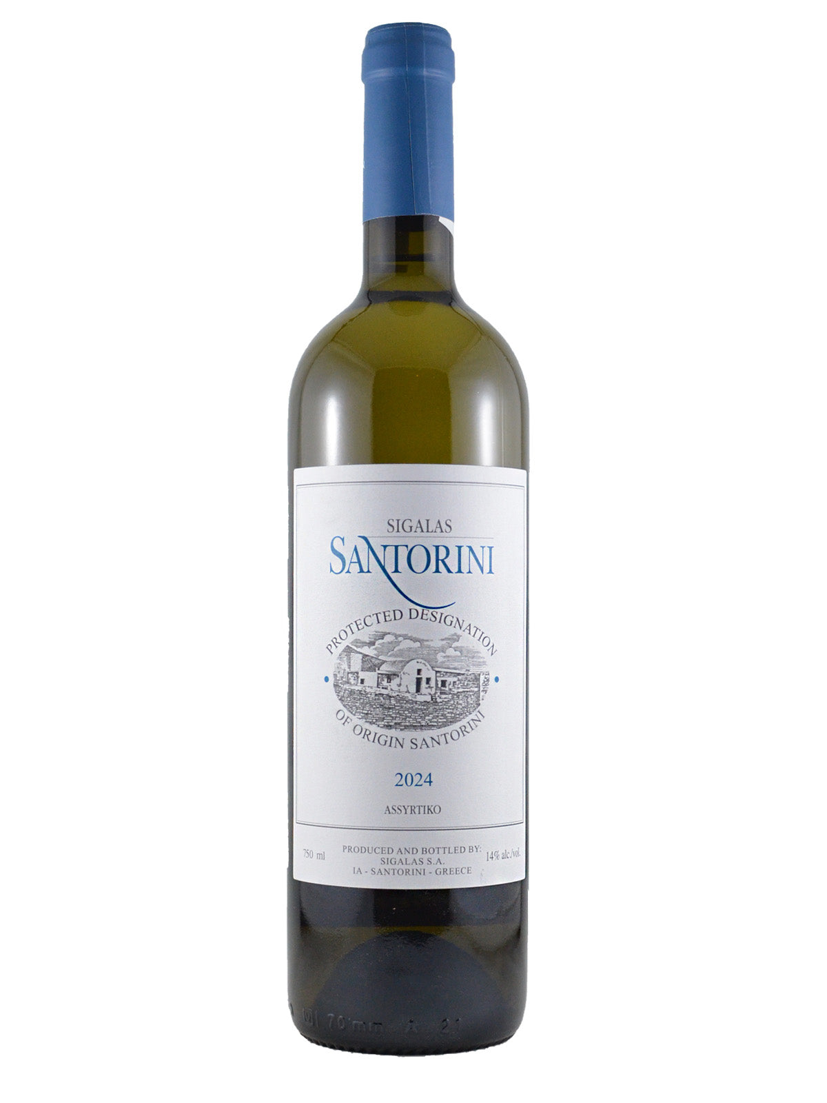Wine bottle with a white label on a white background. Blue text on label says 'Sigalas Santorini' 2024