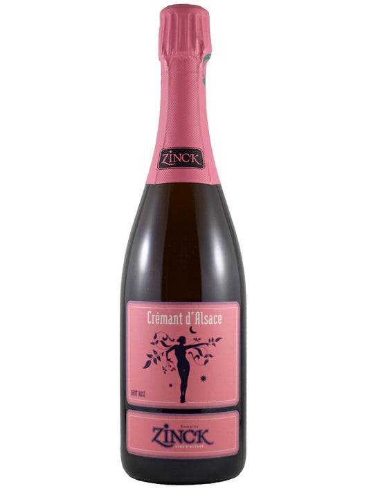 A bottle of Zinck Crémant d'Alsace sparkling wine with a dark glass body, a pink foil top, and a pink label featuring a black silhouette of a woman. Set against a plain white background.