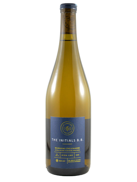 A bottle of white wine with a dark blue label reading 'THE INITIALS B.B.', photographed against a plain white background.