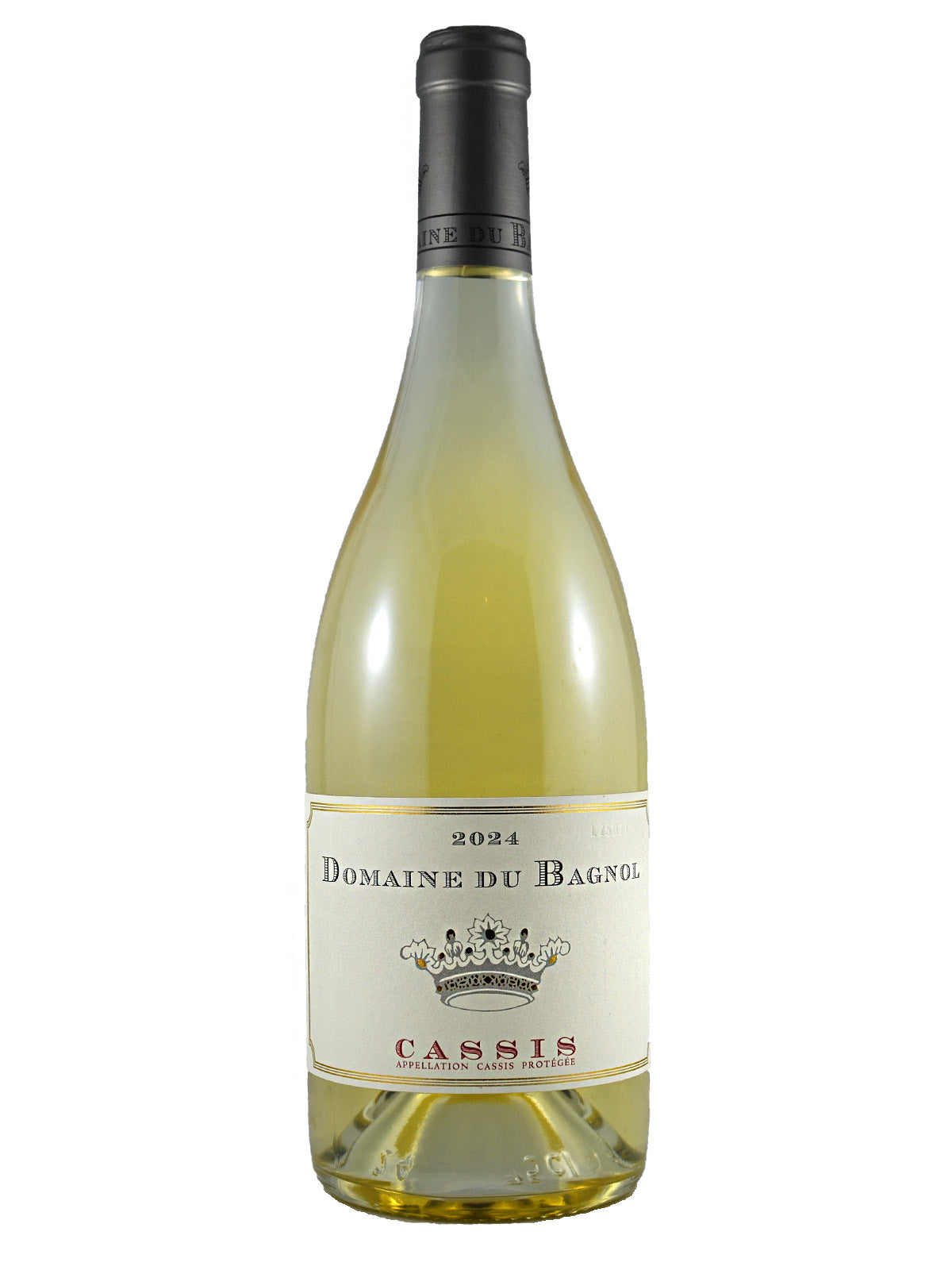 Wine bottle labeled 'Domaine du Bagnol' with a white label with gold border also containting the text '2024', 'Cassis' and a gunmetal coloured foil enclosure, all on a white background.